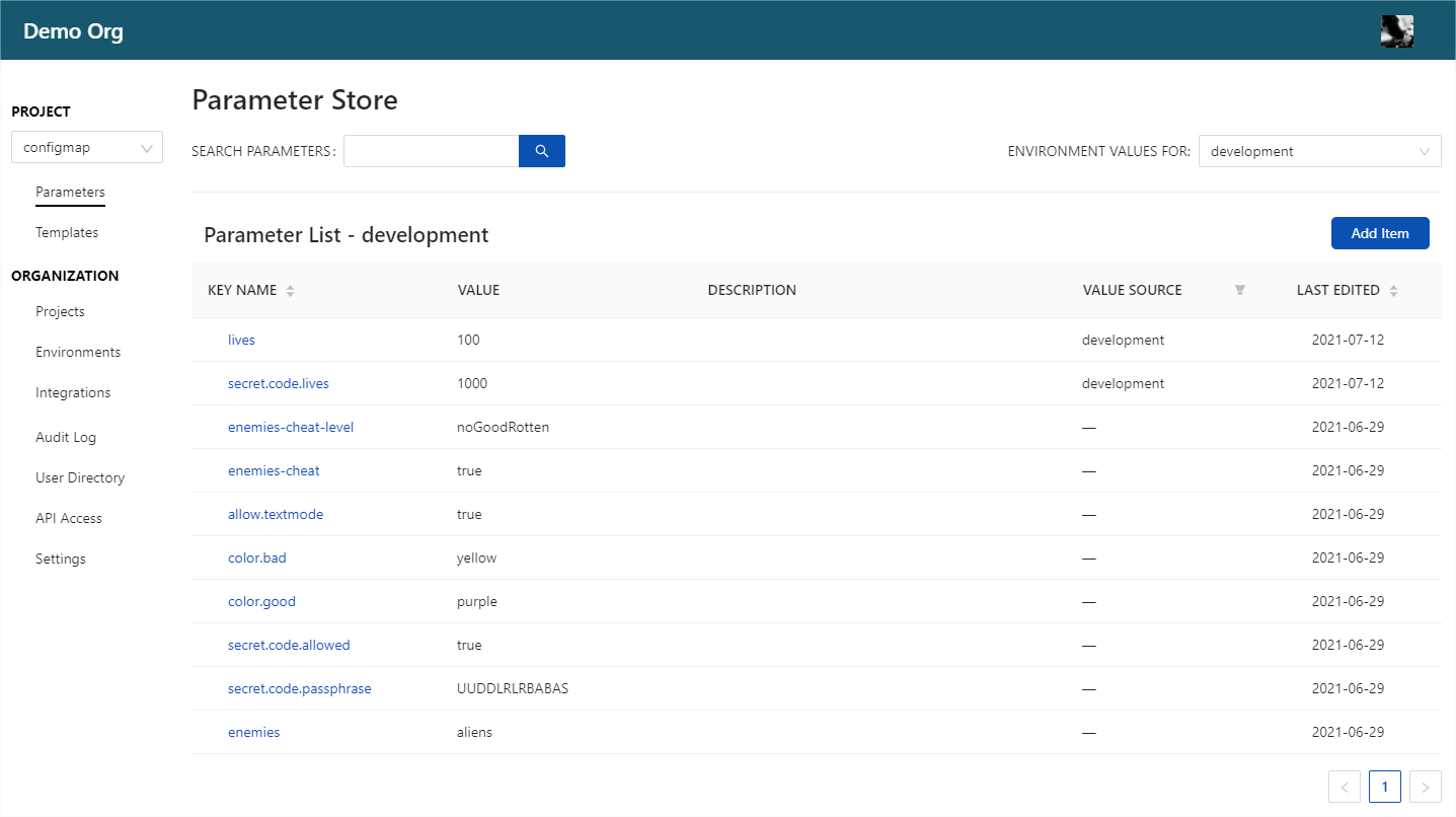 Screenshot of Development Parameters list from CloudTruth Screenshot of Development Parameters list from CloudTruth